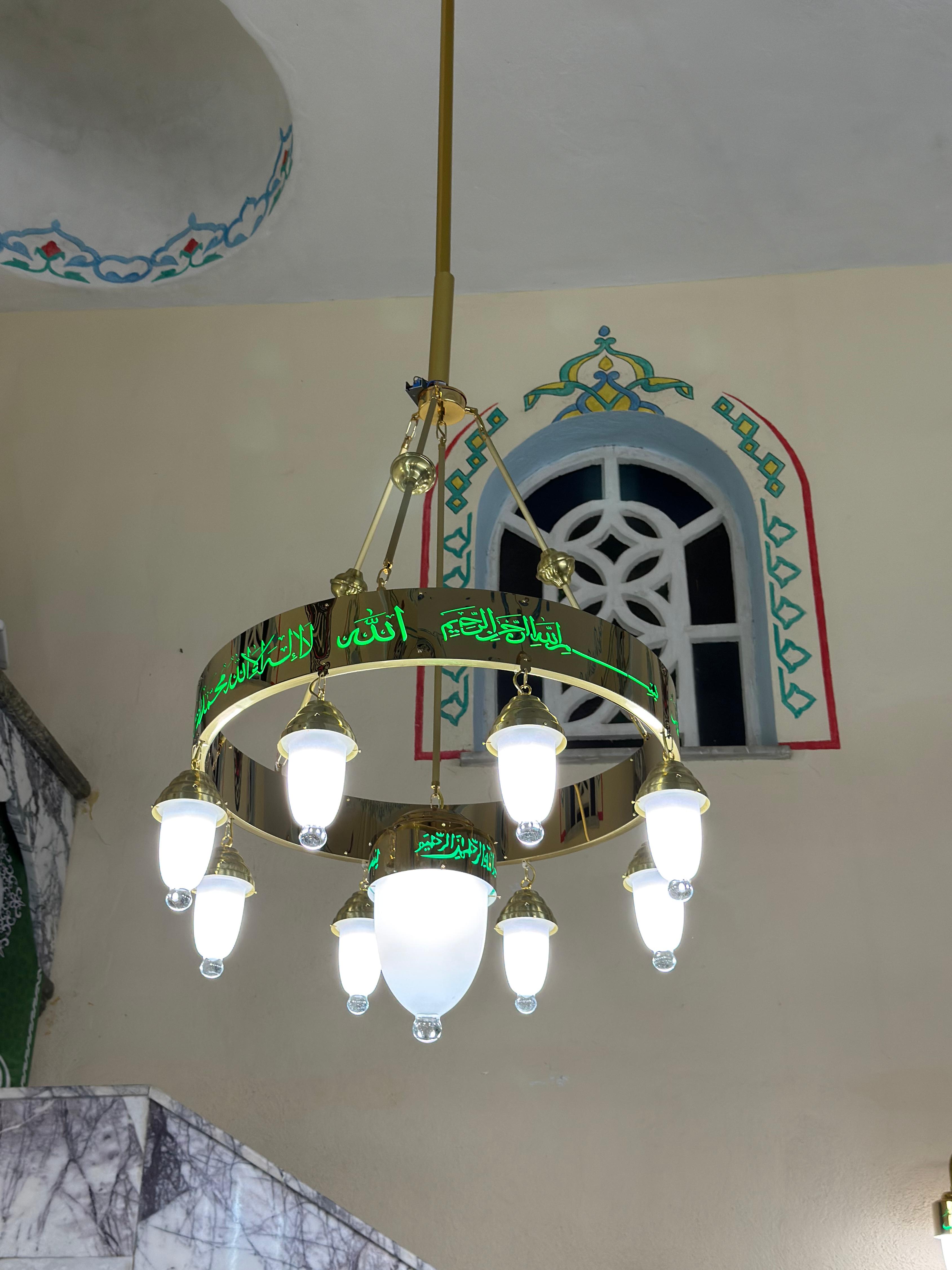 Lazer Kesim 8+1 Kandilli Ayetli Cami Avizesi